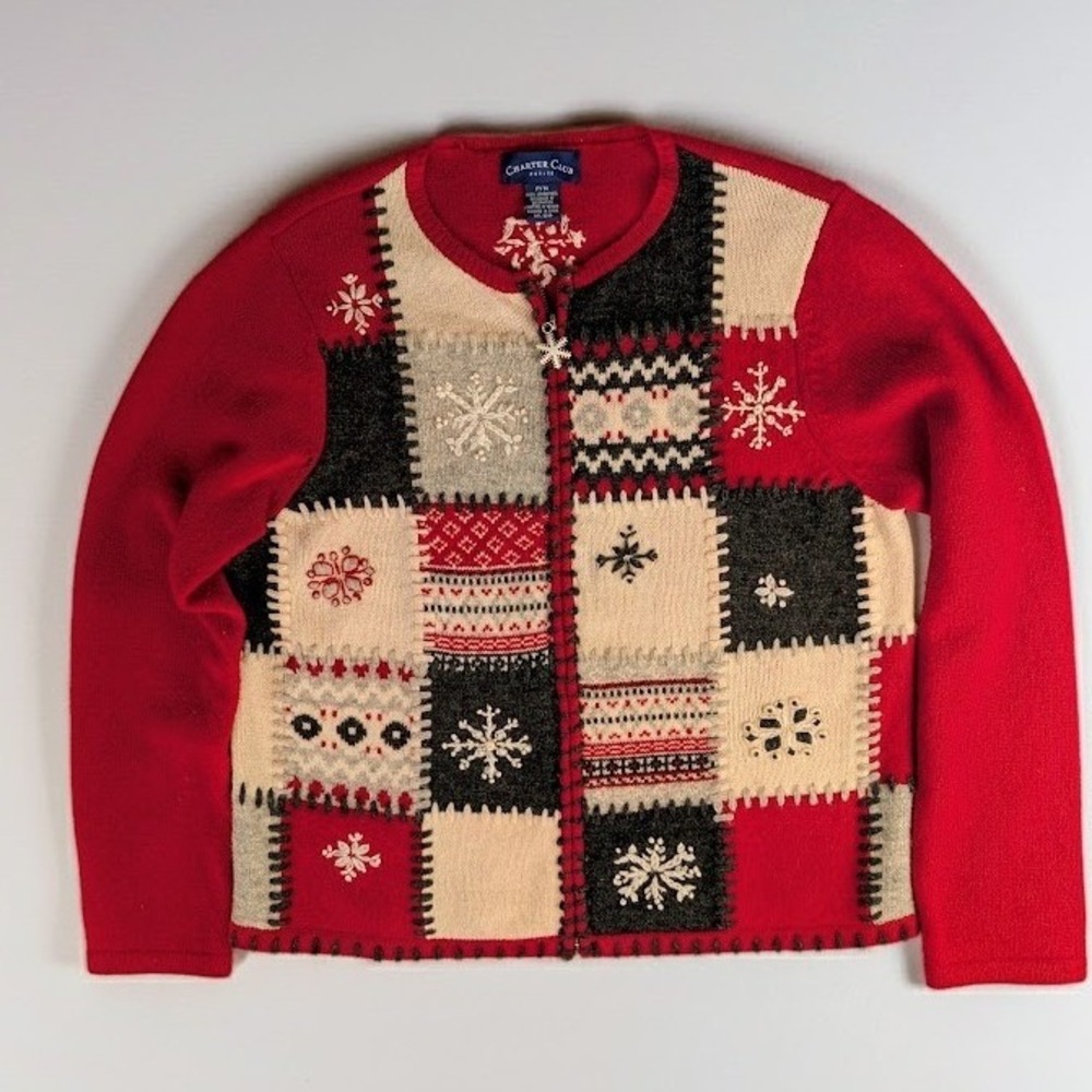 Charter Club Petite Lambswool Patchwork Snowflake Christmas Cardigan Red PM